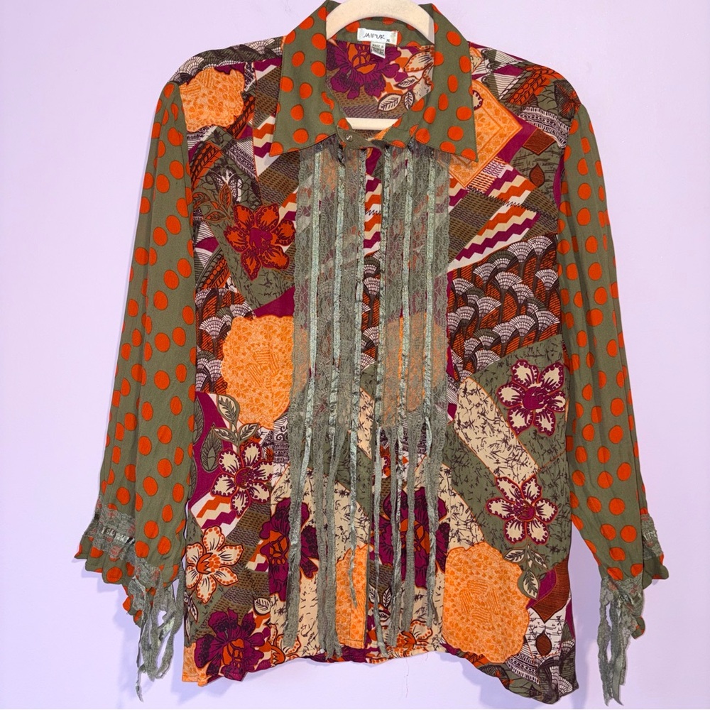 Vintage Jaipur Maximalism Patchwork Lace Polkadot Collared Top Women XL Artsy